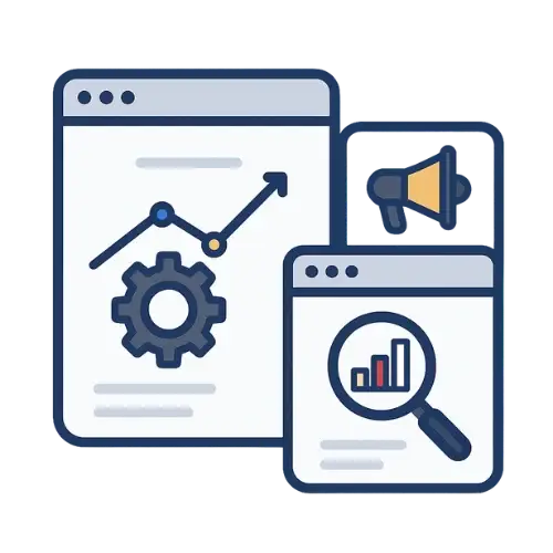 Digital marketing service illustration featuring graphs, gears, and a megaphone, representing SEO and AEO strategies for enhancing online visibility and business growth.
