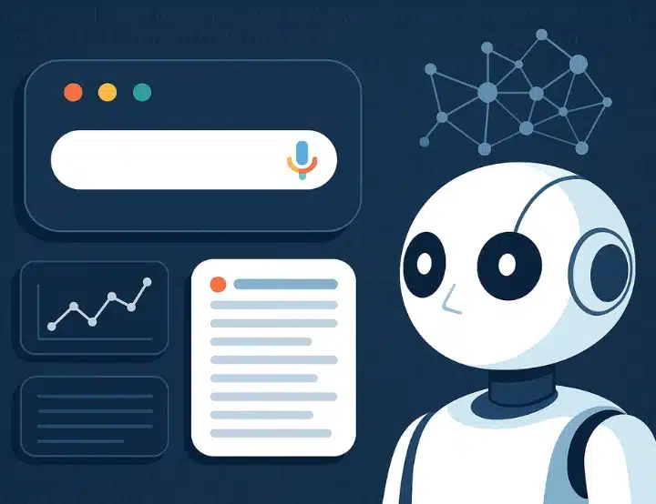 Robot character with search bar, voice search icon, data charts, and text documents, representing AEO optimization and AI-driven search strategies for enhancing online visibility.