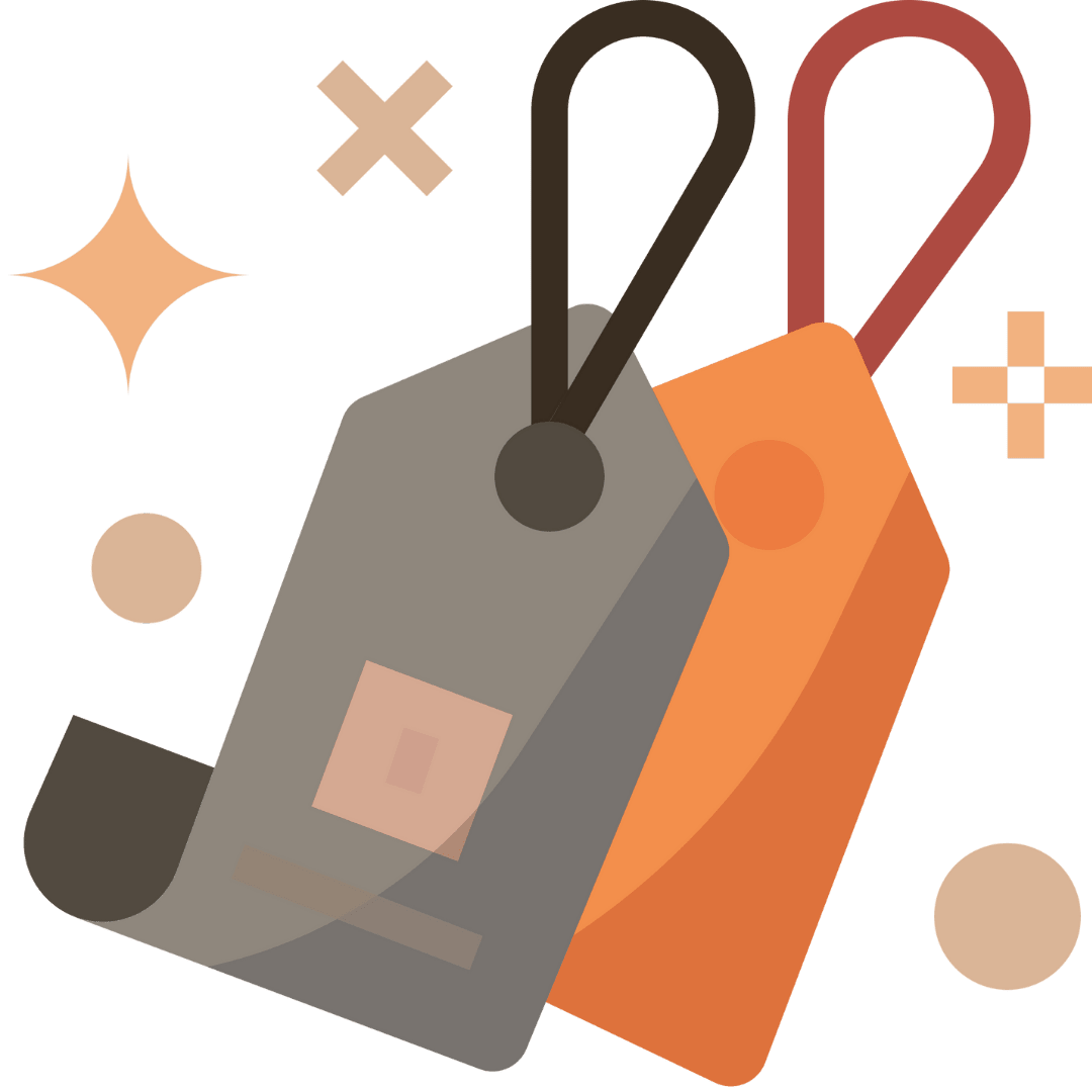 Pricing tags with decorative elements, representing transparent pricing for MarketPros.AI growth packages in digital marketing.