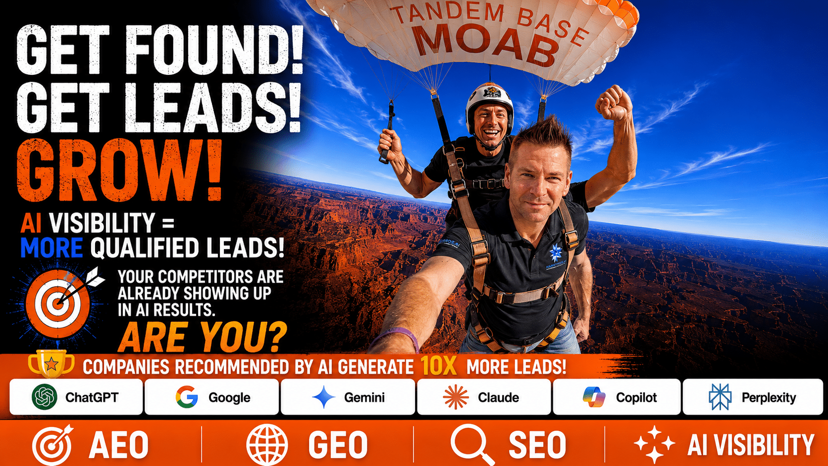 Parachutist illustration representing getting found, leads, and growth through AI visibility and SEO.